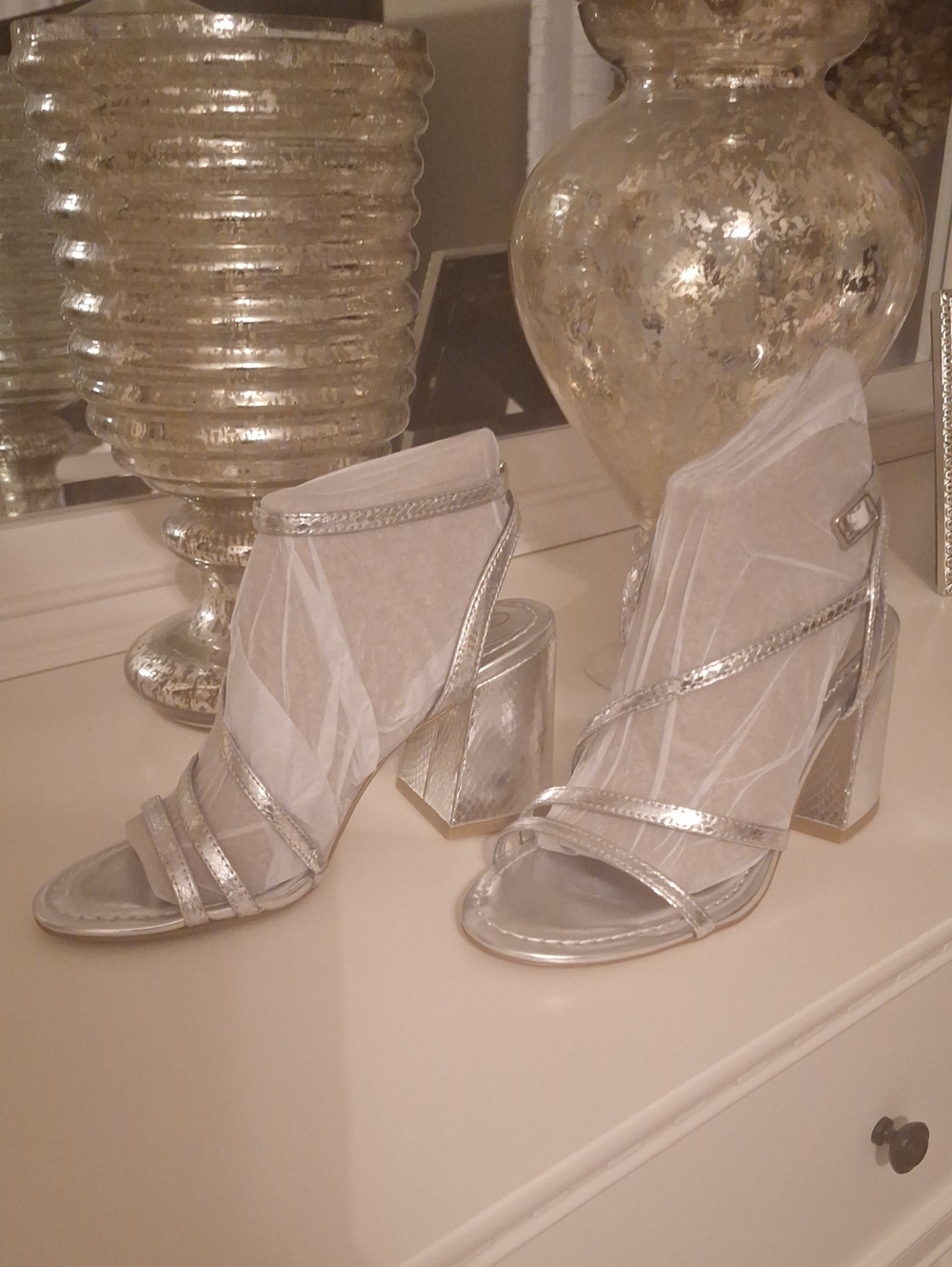 Jessica Simpson Silver Metallic Mesh Block Heel Sandals
